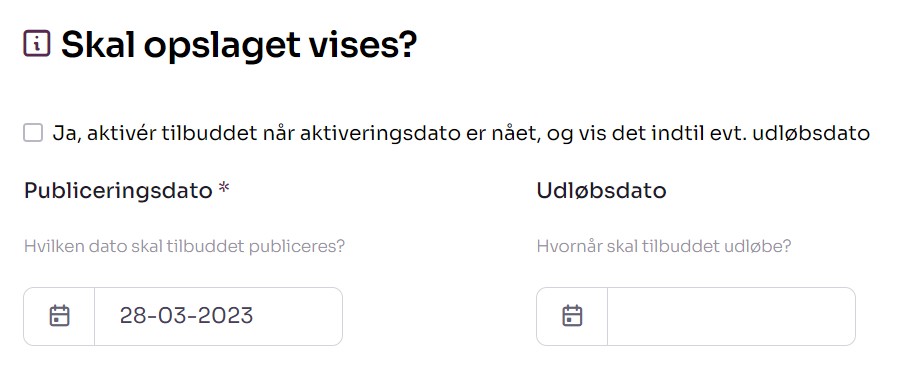 Skærmbillede fra Socialkompas hvor man vælger om tilbuddet skal aktiveres